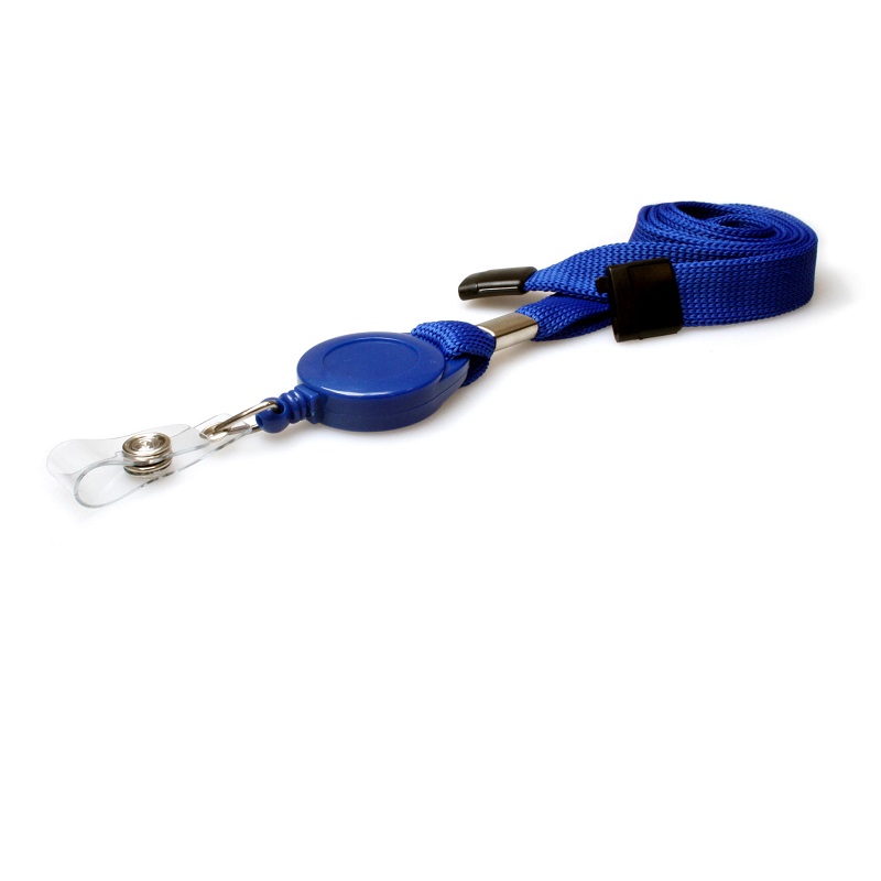 Bilde av Blue 16 mm flat tubular breakaway lanyards with attached yoyo card reel and clear vinyl strap. 60270638 (DE,SE,NO,FI,RO,PL)